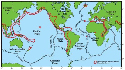 Figure 2: Locations of high heat flow suitable for geothermal energy plants (from EGI brochure)