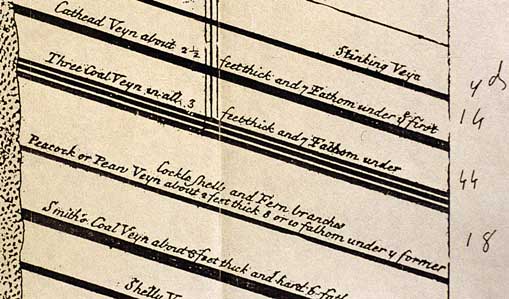 Detail from WS's copy of Strachey’s 1721 cross-section illustrating coal-seams mined near Bishop Sutton and Farrington Gurney. Strachey observed that the fossils in the shale over the Peacock Veyn are 