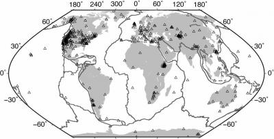 Seismic stations that detected more than twice the normal number of small, nearby earthquakes after the passage of surface waves from major quakes centred up to thousands of miles away 1992 - 2006. Map: Aaron Velasco, University of Texas at El Paso.
